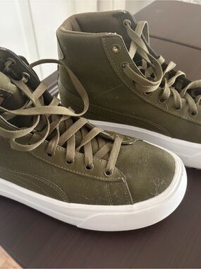 Puma Olive Green High-Top Canvas Sneakers with White Sole